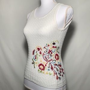 Sweet Romeo Summer Cable Knit White Sleeveless sweater with embroidery detailing